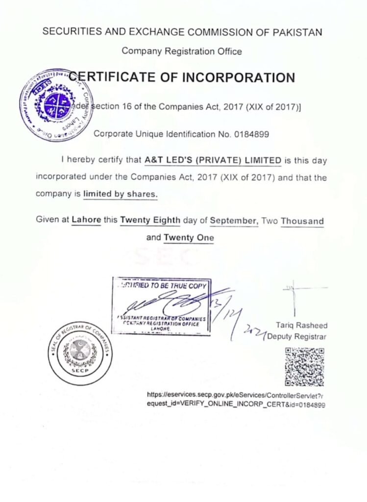 A&T LED Certificate of Incorporation